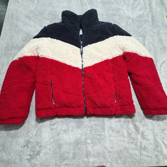 Vintage Tommy Hilfiger Sport Sherpa Teddy Jacket Small Red, White & Blue Fleece - Picture 1 of 6
